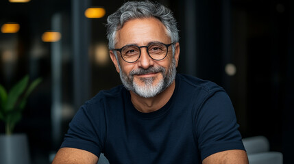 Obraz premium smiling man with gray hair and glasses, wearing dark shirt, sitting indoors. background features soft lighting and greenery, creating warm atmosphere
