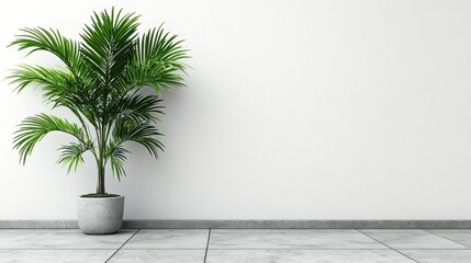 Fototapeta premium Modern plant in gray pot on white wall, empty room