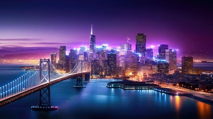 Obraz premium The San Francisco skyline at night, overlaid with glowing augmented reality charts, IoT connections, and metaverse-inspired holograms.