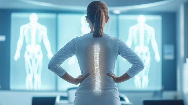 Woman suffers lower back pain radiating to legs, affecting posture and indicating possible sciatica