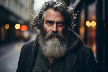 Portrait of a handsome bearded man with long gray beard and mustache in the city at night