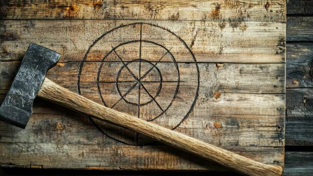 Rustic axe resting on a wooden target board with distinct marks in an outdoor setting, Axe leaning on wooden target board with marks rustic background