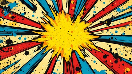 Colorful comic-style explosion with bright yellow burst, red and blue rays, and scattered paint splashes.