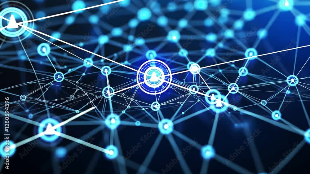 Poster visual representation of blue cyber network with artificial neurons connecting nodes in a digital la