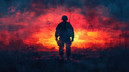 Fototapeta premium Artistic Silhouette of Soldier Against Dramatic Sunset Background