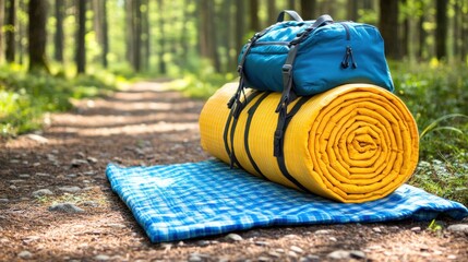 Fototapeta premium Hiking gear on forest path, camping equipment, sunny day