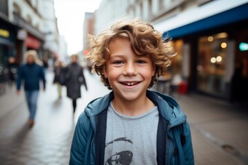 Portrait of a cute little boy with curly hair on the street