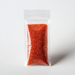 Red spice pack in sealed transparent plastic bag on white background
