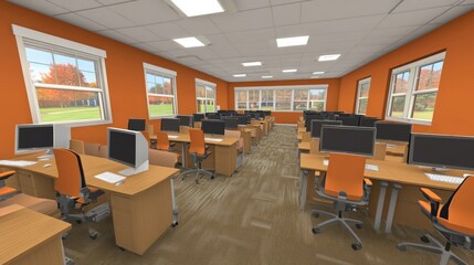 Modern computer lab interior design, rows of desks, fall trees outside windows.  Use Architectural visualization