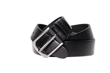 Black classic leather belt with a metal silver buckle, isolated on a transparent background. PNG cutout. Fashion unisex, mens or womens accessory. Haberdashery goods.