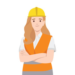 Determined female construction worker wearing a hard hat and safety vest,standing with crossed arms. Flat vector illustration isolated on white background