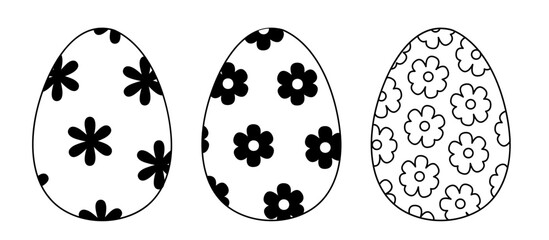 Set of Easter eggs. Spring linear icons of eggs with different pattern. Set of Easter illustrations for card, invitation, print, sticker, banner, poster. Vector illustration isolated on white