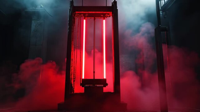 Eerie glow illuminates a guillotine in a dark, foggy chamber, Dark, eerie scene featuring illuminated guillotine with red neon lights and surrounding mist