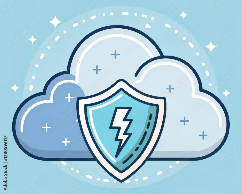 Poster cloud security threats concepts. a stylized cloud image featuring a shield with a lightning bolt, sy