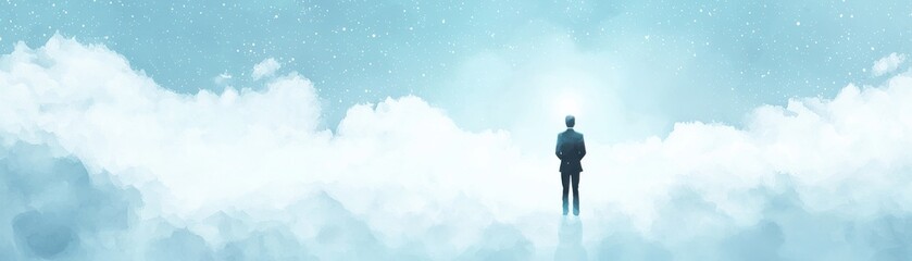 Fototapeta premium A solitary figure stands amidst clouds, evoking a sense of introspection, tranquility, and the vastness of the unknown in a serene, ethereal landscape.