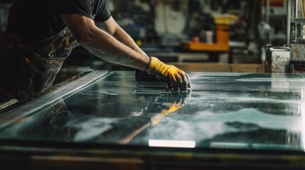 Worker expertly cuts glass sheets on a cutting table with precision diamond-tipped tool in well-lit workshop environment