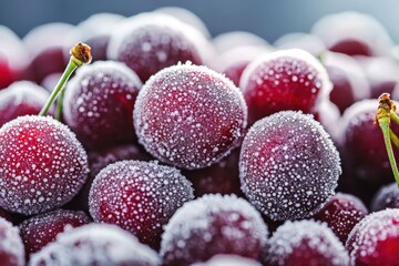 A tempting close-up of frozen cherries covered in glistening ice crystals, highlighting their vibrant red color and offering a refreshing and healthy treat, perfect for summer.