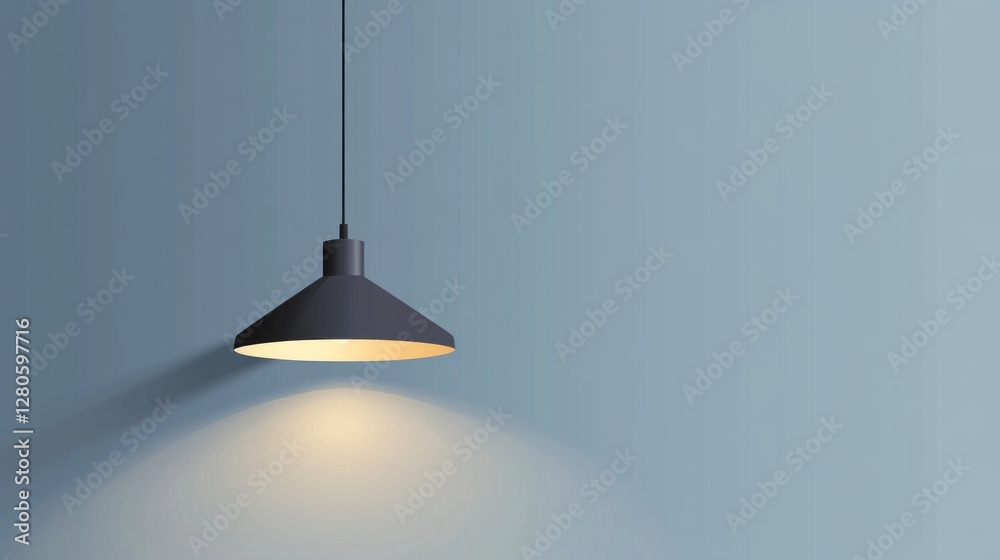 Poster a sleek beam hanging lamp emits a soft glow against a calm blue wall, creating an inviting atmospher
