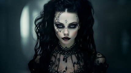 Fototapeta premium queen glamour portrait makeup of a woman fairy tale gothic style vampire witch scary horror scene halloween