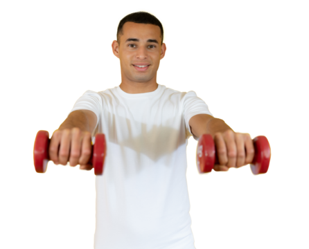 smiling handsome sportsman in white t-shirt holding dumbbell isolated over transparent background. PNG transparent
