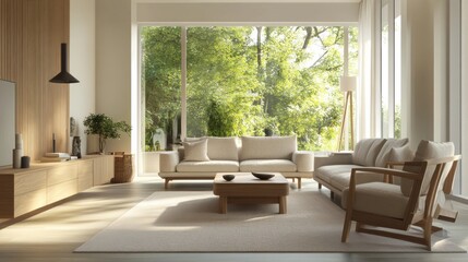 Obraz premium A sleek, modern living room with light wood furnishings and soft natural light.