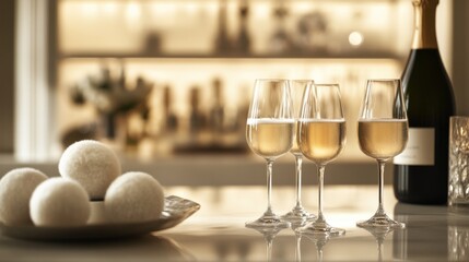 Alcohol consumption at a sophisticated cocktail party with champagne and upscale decor. Featuring luxury and celebration