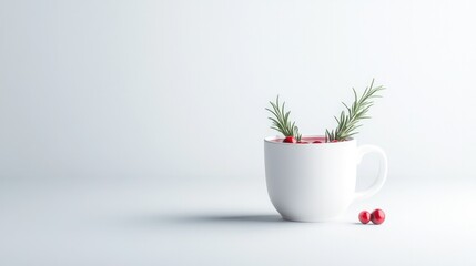 Fototapeta premium Minimalistic design features white cup with greenery and red ber
