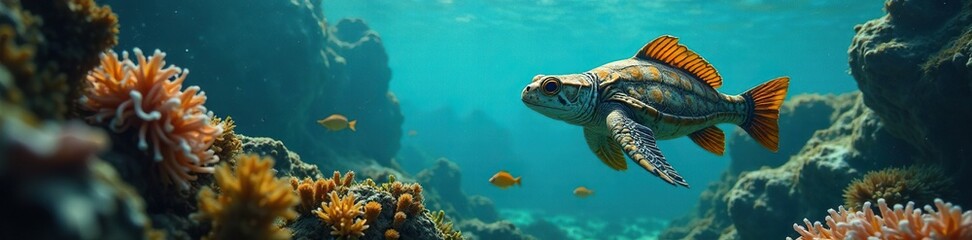 Naklejka premium Einige Augen in einem Auge mit einem kleinen Schildkr?te, unterwasser, verschiedene Farben