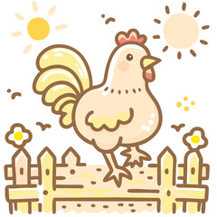 Pets on a farm Cute rooster standing on a fence in doodle style