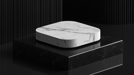 Marble square product display on black geometric podiums