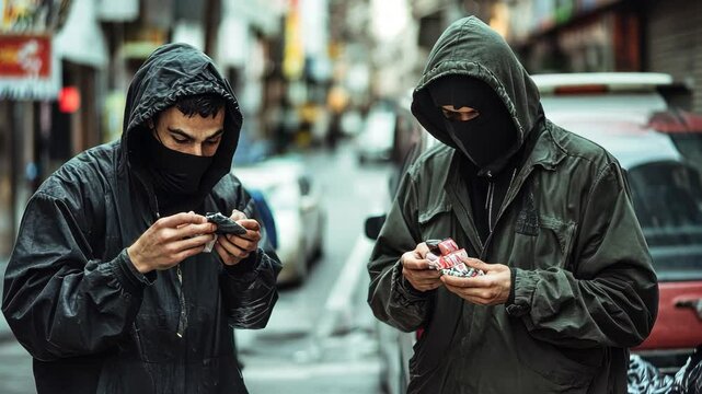 Suspicious characters engaged in drug deal in urban alley at dusk, CCTV footage of 2 suspicious characters carrying out a drug deal on the street
