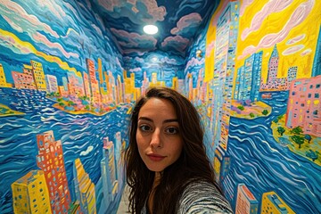 A young woman captures a selfie surrounded by a vibrant, immersive cityscape painting, creating a unique fusion of art and personal expression in a whimsical urban setting.