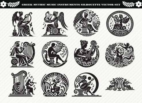 Black Greek Mythic Music Instrument Silhouette Illustration for Logos Prints and Design