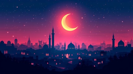 Ramadan night with crescent moon and illuminated Islamic city skyline in a serene atmosphere, copy space banner
