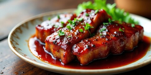 Tender Peking-style ribs, rich plum glaze, isolated , asian food, closeup, delicious