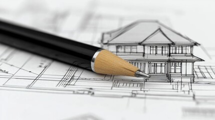Architectural blueprints with house sketch and pen, planning design