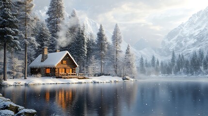 Fototapeta premium Winter cabin retreat by tranquil lake snowy mountains serene landscape