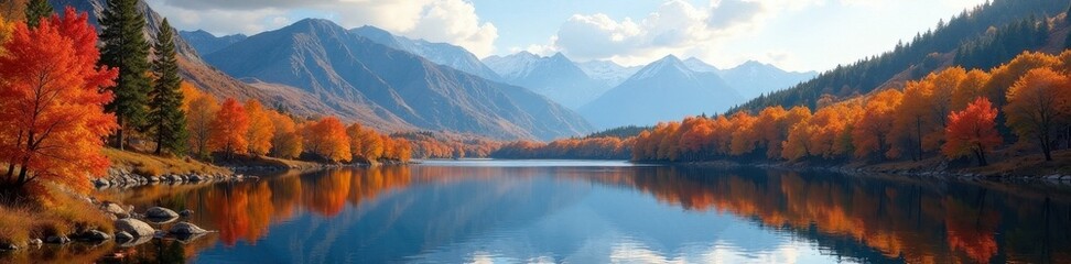 Fototapeta premium Vibrant fall colors paint the sky, still lake, pine-fringed mountains , sunset, photography