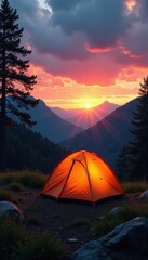 Tranquil campsite at sunset Tent pitched, beautiful view , goldenhour, clouds