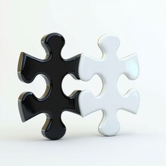 Obraz premium Interlocking black and white jigsaw puzzle pieces, symbolising unity, harmony, and the complementary nature of opposites, on clean and simple plain background.