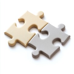 Fototapeta premium Two interlocking puzzle pieces, beige and gray, symbolize connection, unity, and collaboration on a clean white background in a high-key, minimalist aesthetic.
