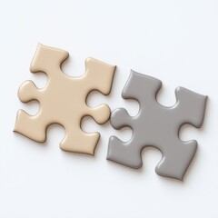 Fototapeta premium Two connected puzzle pieces on a white background symbolize unity, partnership, and problem-solving, depicting strategy in neutral tones with minimalist composition.