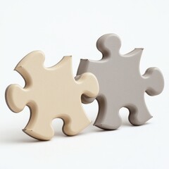 Fototapeta premium Close-up studio shot showcasing two puzzle pieces, symbolizing connection and problem-solving, emphasizing unity on a clean white background in minimalist style.