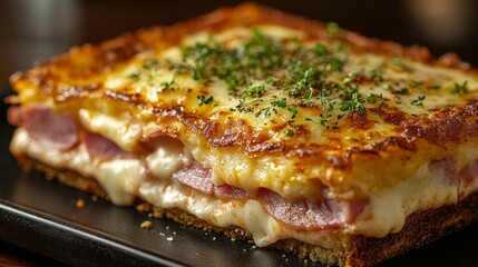 A delicious slice of lasagna with layers of cheese, ham, and herbs.