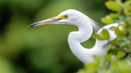 Fototapeta premium White egret in lush foliage, tranquil nature scene, wildlife photography, nature documentary
