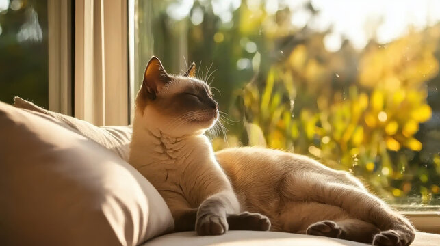 serene cat lounging in sunlit window, basking in warm sunlight