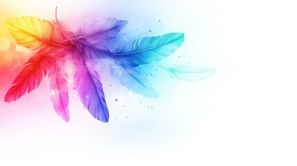 Obraz premium Colorful feathers, abstract background, soft light, floating in white space