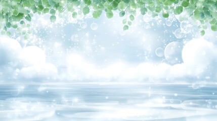 Pastel spring scenery, tranquil water, soft leaves, dreamy background