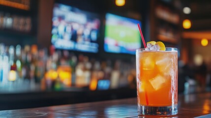 Alcohol consumption at a sports bar with cocktails and large screens. Featuring excitement and socializing