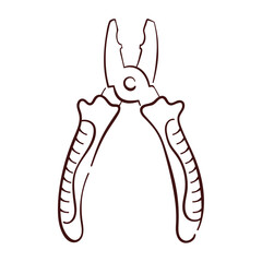 Pliers tool icon in line art style. Hand drawn logo of repair tool for Construction business isolated on a white background.